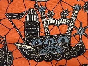 アンティーク　紋錦紗帆船に異国建物模様着物